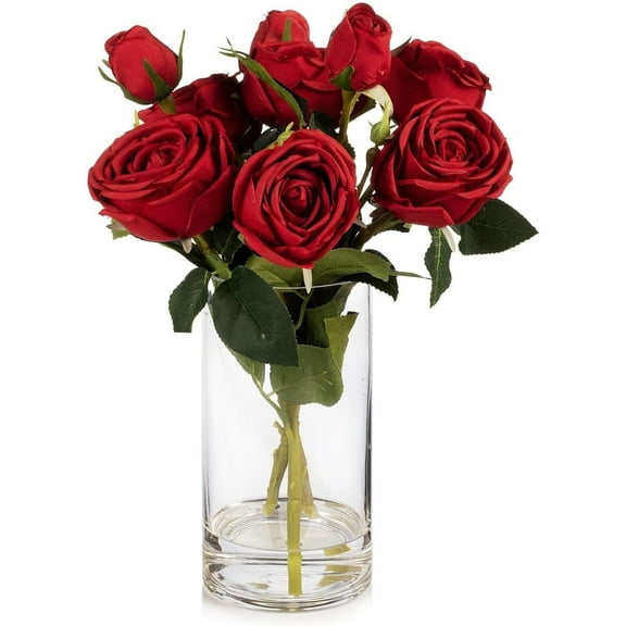ENOVA FLORAL 9 Heads Silk Rose Artificial Flowers in Vase,Faux Rose Flowers Arrangement in Vase with Faux Water for Table Decor Centerpieces (Red)