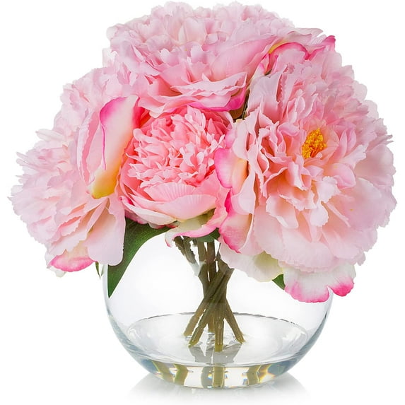 ENOVA FLORAL Artificial Peony Flower with Vase, Fake Flowers Arrangement in Vase, Artificial Flower with Vase, Faux Peony in Glass Vase for Home Office Kitchen Decor, Wedding Centerpieces (Pink)