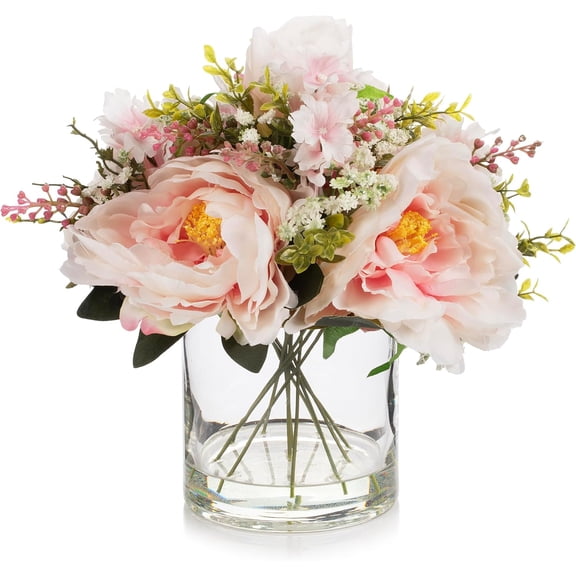 ENOVA FLORAL Artificial Silk Flower Arrangement with Vase,Mixed Artificial Silk Peony Flower in Vase for Decoration Home Office, Wedding Centerpiece (Pink)