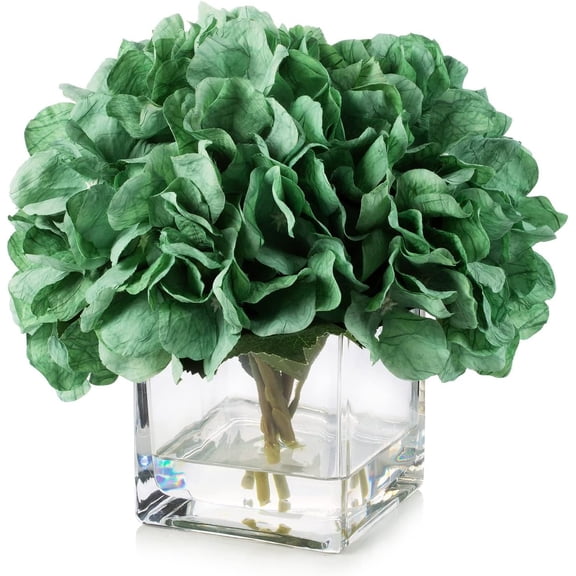 ENOVA FLORAL Hydrangea Artificial Flowers with Vase for Home Decor Indoor, Silk Hydrangea Fake Flowers in Vase with Faux Water for Dining Table, Wedding Event (Green)