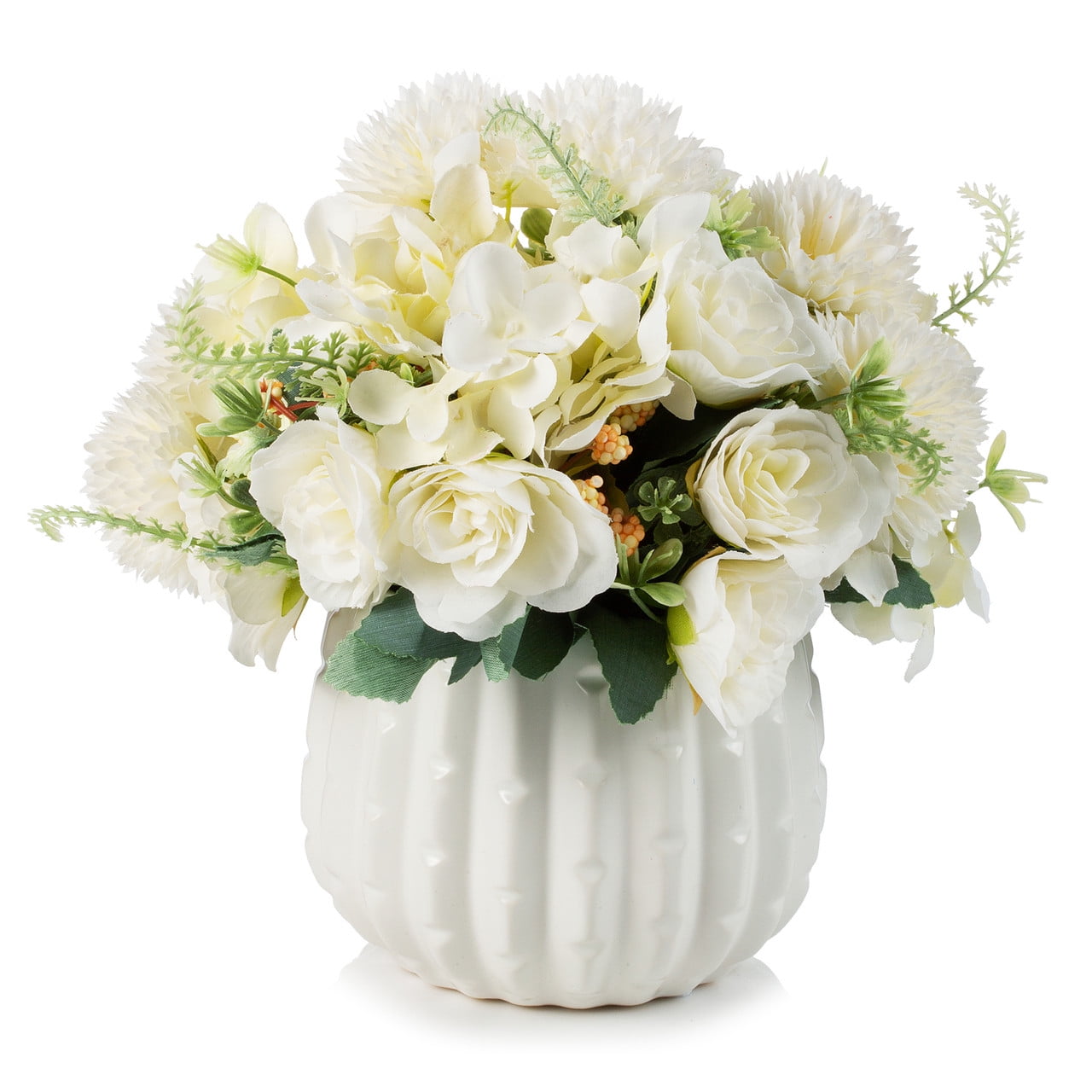 ENOVA FLORAL Potted Artificial Silk Rose Flowers in Ceramic Pot, Faux Flowers Arrangement in Vase with Faux Water Mixed Silk Dahlia Fake Flowers in Pot for Table Decor