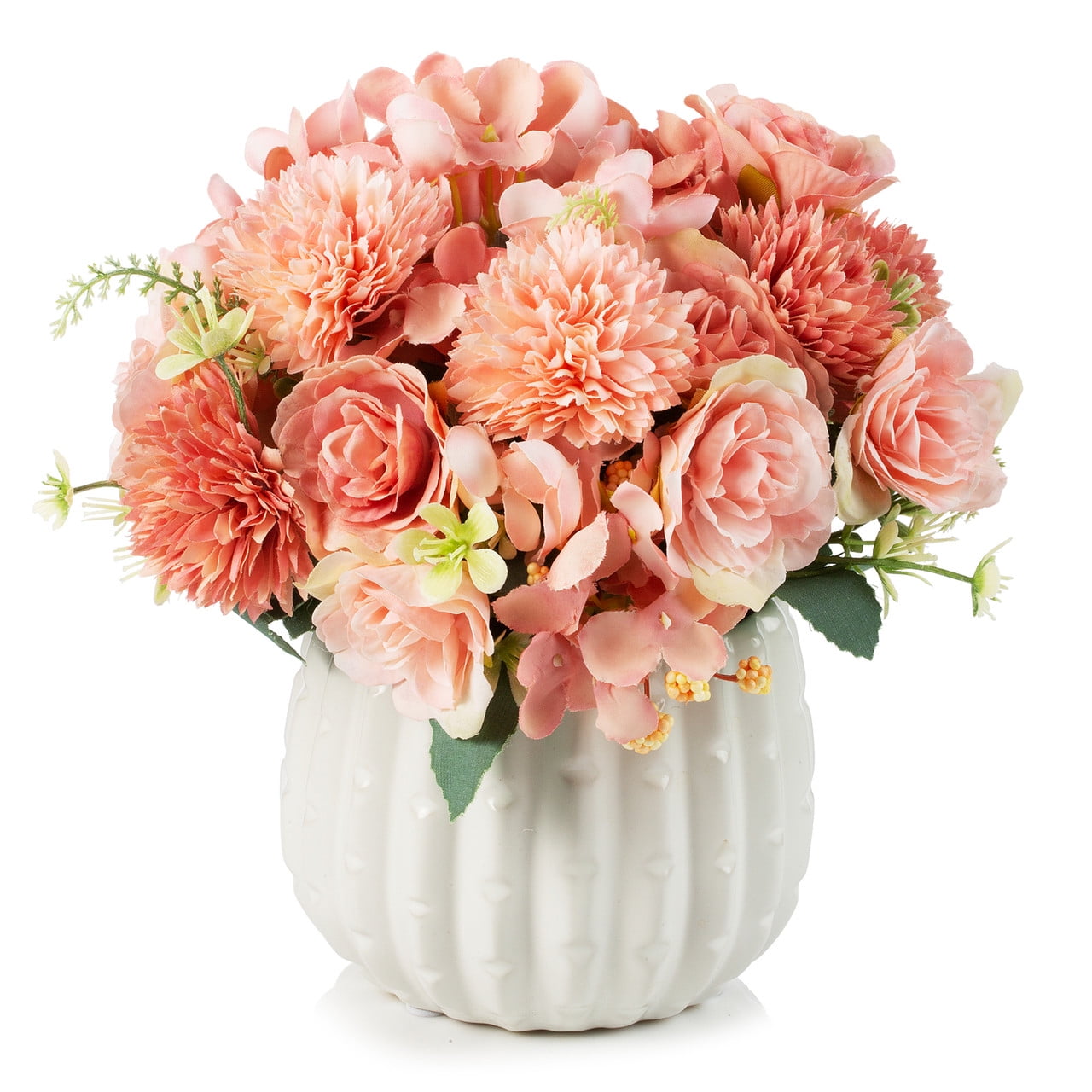ENOVA FLORAL Potted Artificial Silk Rose Flowers in Ceramic Pot, Faux Flowers Arrangement in Vase with Faux Water Mixed Silk Dahlia Fake Flowers in Pot for Table Decor