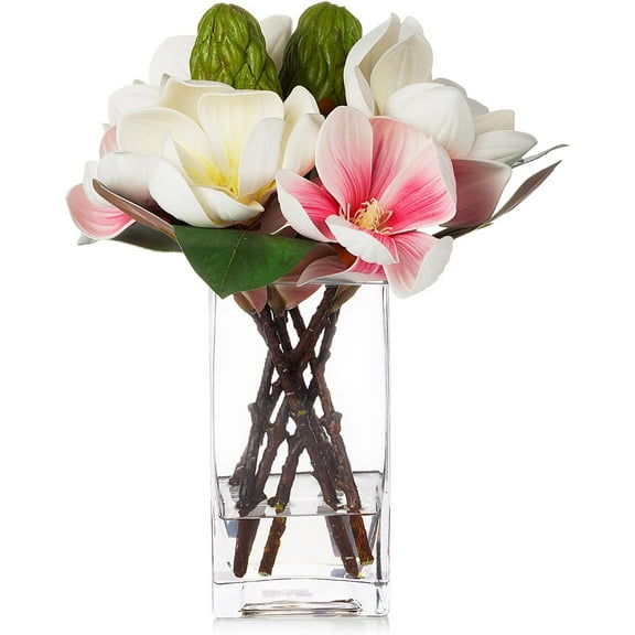 ENOVA FLORAL Real Touch Artificial Flowers in Vase, Artificial Magnolia Flower with Vase, Fake Bouquets in Vase, Faux Flower in Vase for Decoration Home Office, Wedding Centerpieces (Cream Pink)