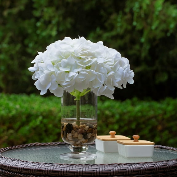 ENOVA FLORAL Real Touch Hydrangea Artificial Flowers in Glass Vase with Faux Water and River Stone,Silk Flower Arrangements in Vase for Home Decor