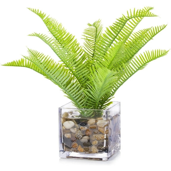 ENOVA FLORAL Small Artificial Potted Plants in Glass Vase,10 Inch Artificial Fern Plant with Vase, Faux Greenery Plants with Faux Water and River Pebbles, Artificial Plants in Vase