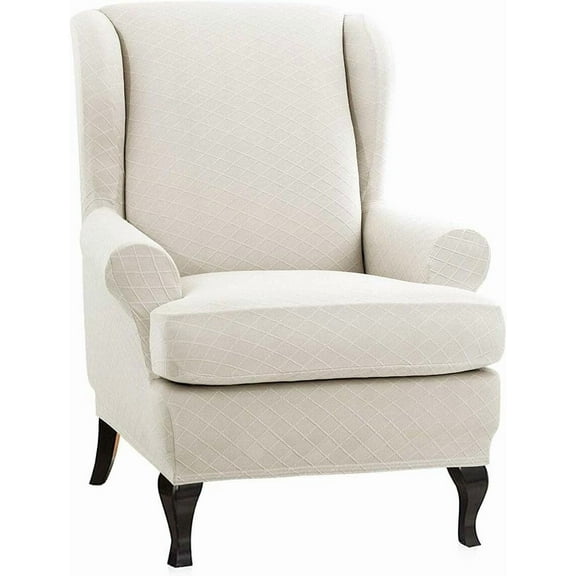 ENOVA FLORAL Wing Chair Slipcovers Couch Covers, Soft Rhombus Jacquard Polyester Spandex Fabric Wingback Slipcover 2 Pieces Chair Covers Furniture Protector for Living Room (Beige)