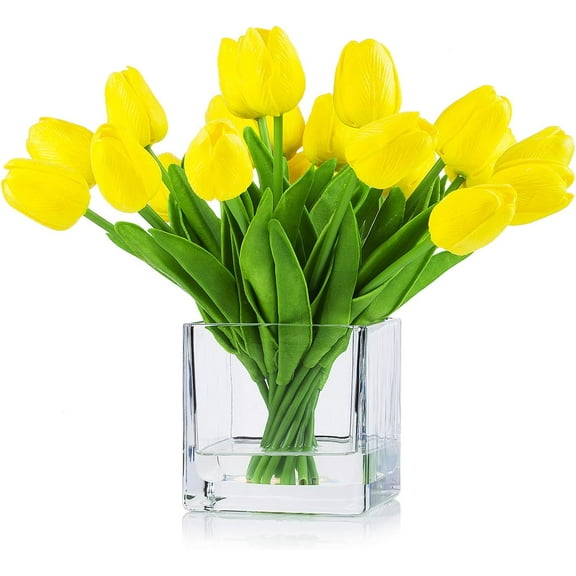 ENOVA HOME 20 Pieces Artificial Real Touch Tulips Flower Arrangement in Cube Glass Vase with Faux Water for Home Office Decoration (Yellow)