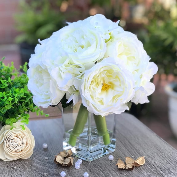 ENOVA HOME Peony and Hydrangea Mixed Artificial Flower Arrangement with Clear Glass Vase for Home Wedding Decoration (Cream)