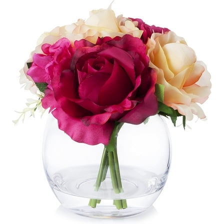 ENOVA HOME Silk Rose and Hydrangea Mixed Flower Arrangement in Glass Vase with Faux Water (RedBeige)