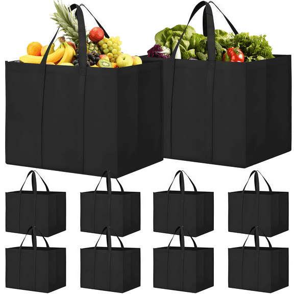 ENROSLU Reusable Grocery Bags with Long Handles, 10 Pack , 35L Large Foldable Reusable Shopping Bags,Durable and Eco Friendly-Grey, Washable Shopping Bags