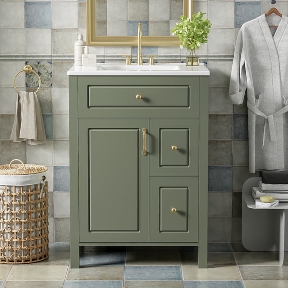 ENSHUI 24-Inch Bathroom Vanity with Ceramic Sink, 1 Soft Close Door, 2 Soft Close Drawers, Green