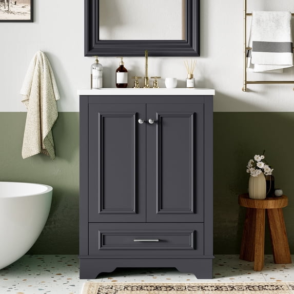 ENSHUI 24-Inch Bathroom Vanity with Ceramic Sink, Freestanding Storage Cabinet, Blue Gray