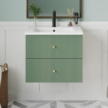 ENSHUI 24-Inch Modern Wall-Mounted Bathroom Vanity with 2 Drawers, Green