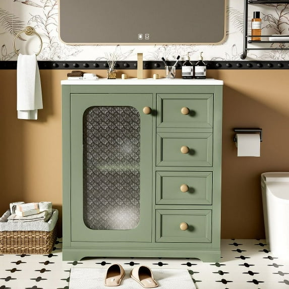 ENSHUI 30-Inch Green Bathroom Vanity with Soft Close Glass Door, Adjustable Shelves, and 3 Drawers