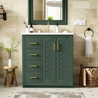 ENSHUI 30-Inch Bathroom Vanity with Ceramic Sink Combo, Solid Wood Frame, 4 Drawers, Soft Closing Doors, Green