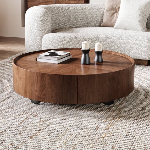 ENSHUI Minimalist Mid-Century Solid Wood Coffee Table with Storage Drawers, Walnut