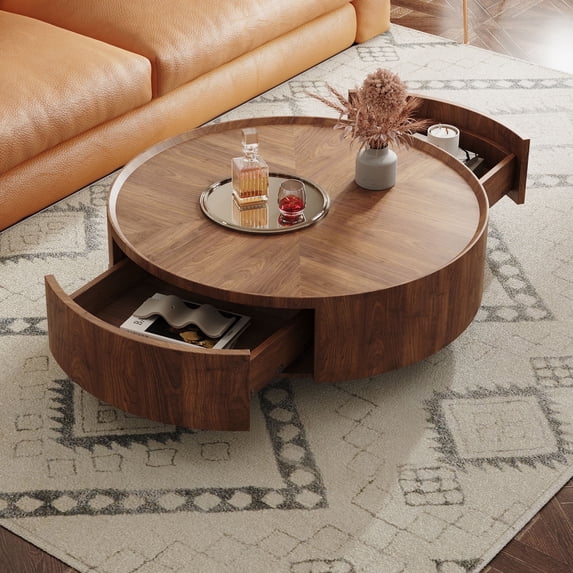 ENSHUI Modern Mid Century Walnut Coffee Table with Storage Drawers, 31.5" Round, Non-Slip Feet, Fully Assembled