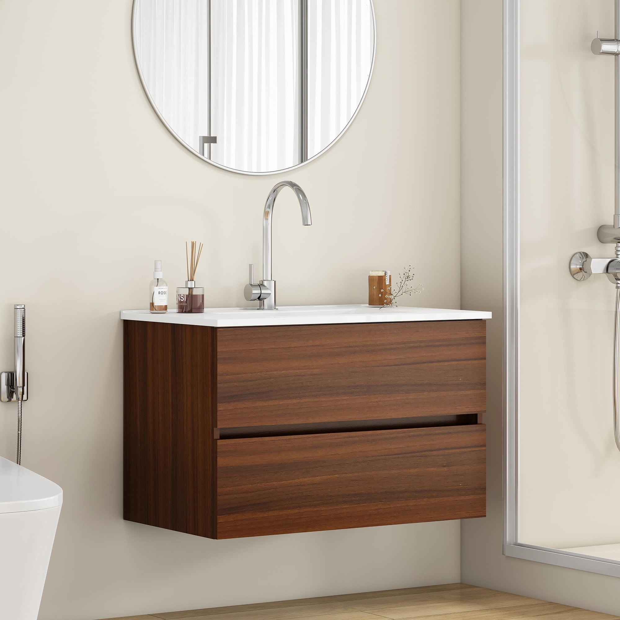 ENSHUI 32" Floating Bathroom Vanity with Sink, 32 inch Modern Wall Mounted Bathroom Vanity with Large Storage Space, Soft-Close Drawers, Easy Assembly, Walnut