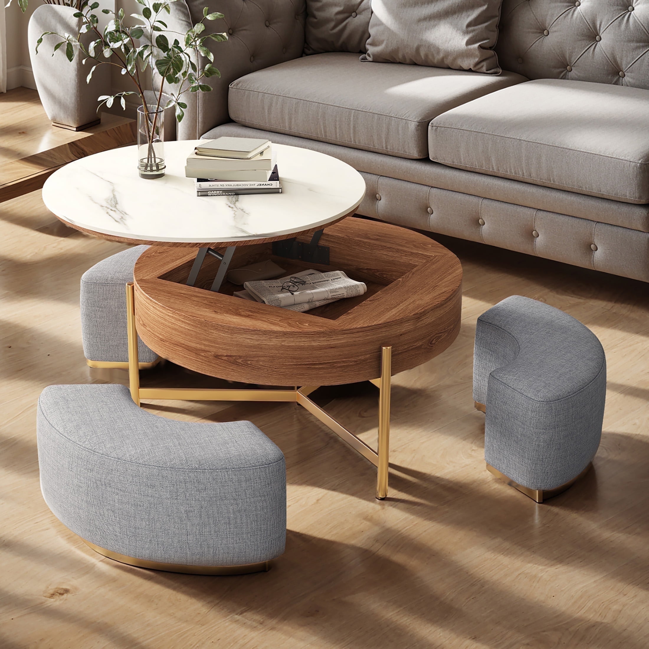 ENSHUI 32'' Lift Top Coffee Table Set, Round Marble Coffee