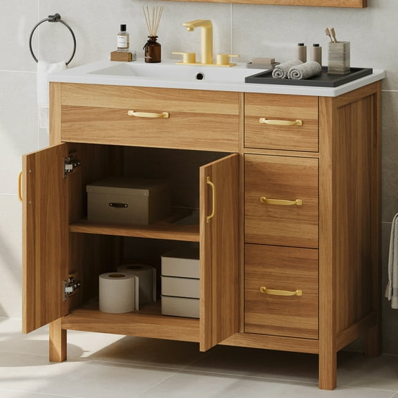 ENSHUI 36" Modern Solid Wood Floor Standing Bathroom Vanity with Ceramic Sink