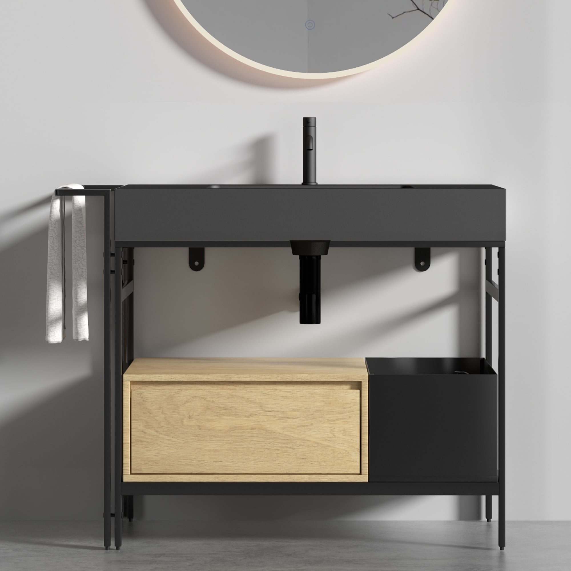 ENSHUI 36" Bathroom Vanity with Sink, 36 inch Bathroom Vanity with Adjustable Towel Bar, Modern Industrial Style Cabinet with Soft-Close Drawers, Easy Assembly, Black & Oak