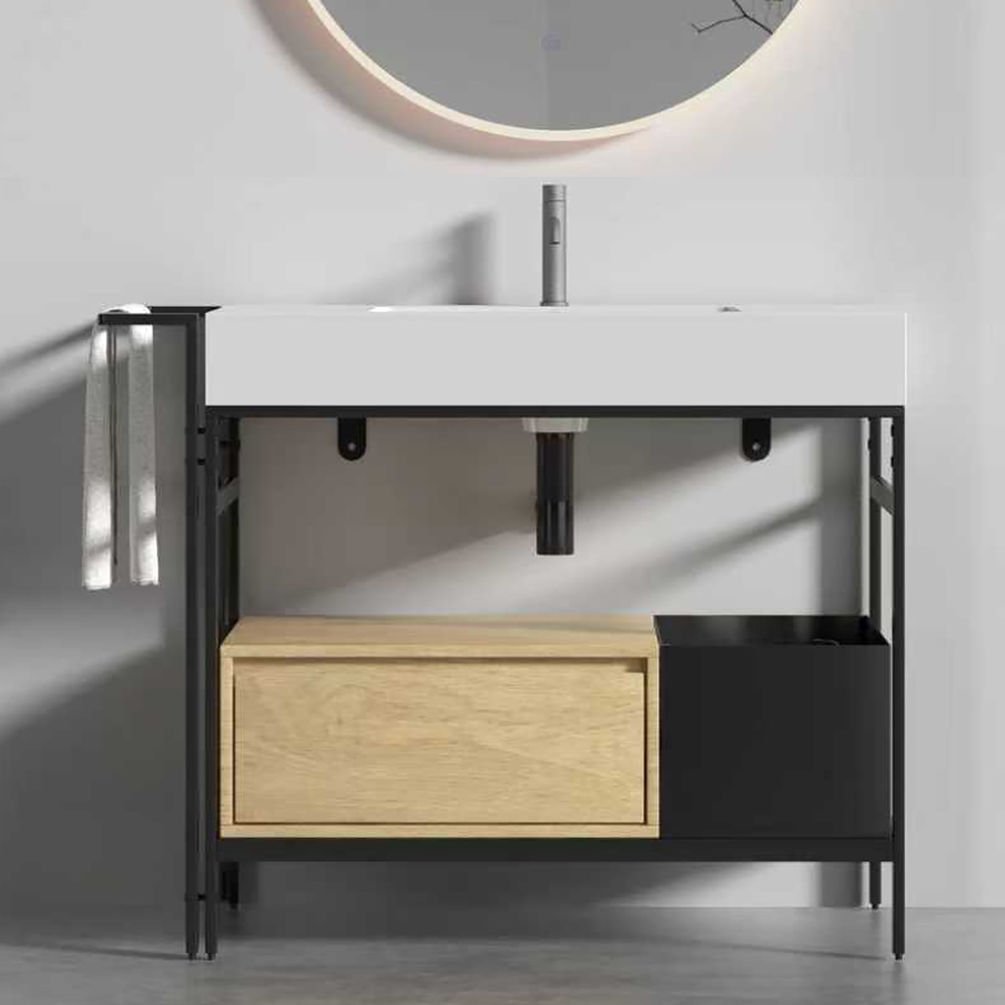 ENSHUI 36" Bathroom Vanity with Sink, 36 inch Bathroom Vanity with Adjustable Towel Bar, Modern Industrial Style Cabinet with Soft-Close Drawers, Easy Assembly, White & Oak