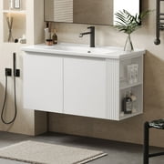 ENSHUI 36-Inch Bathroom Vanity with Sink, Wall Mounted, Modern Floating, 2 Side Open Shelves, 45 Degrees Free-Handle Design Doors