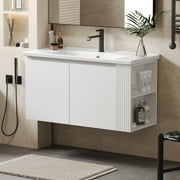 ENSHUI 36-Inch Bathroom Vanity with Sink, Wall Mounted, Modern Floating, 2 Side Open Shelves, 45 Degrees Free-Handle Design Doors