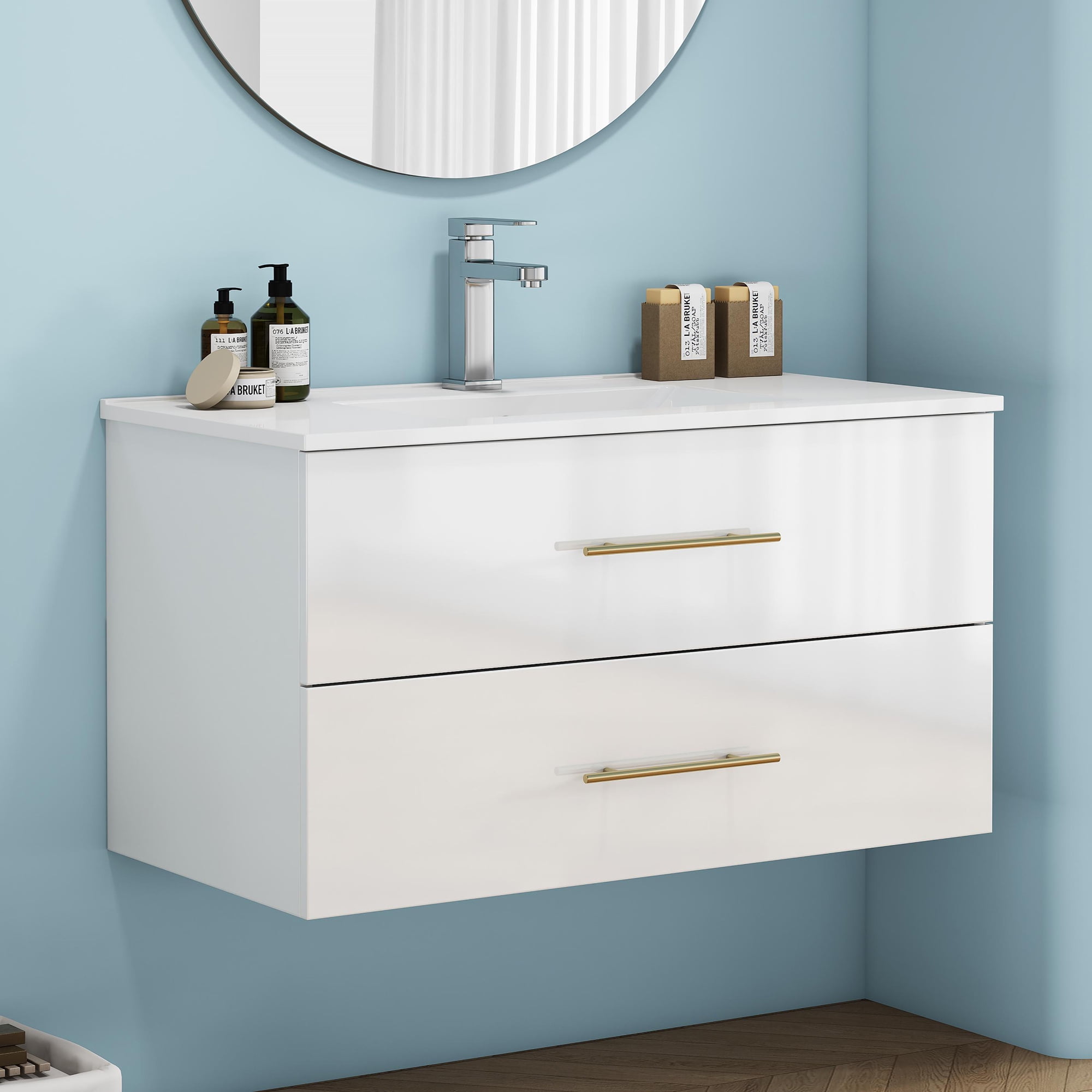 ENSHUI 36" Floating Bathroom Vanity with Sink, 36 inch Modern Wall Mounted Bathroom Vanity with Large Storage Space, Soft-Close Drawers, Easy Assembly, White