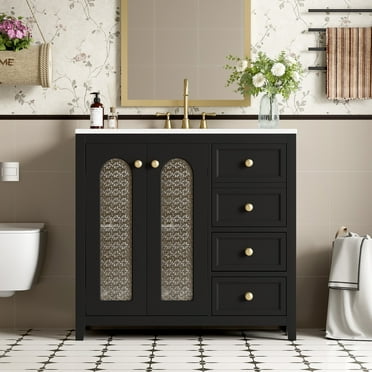 ENSHUI 36-Inch Bathroom Vanity with Three Soft Close Drawers and Adjustable Shelves, Black
