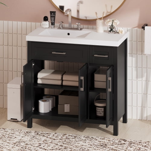 ENSHUI 36-Inch Black Bathroom Vanity Cabinet with Resin Integrated Sink, 2 Drawers, 3 Doors ...