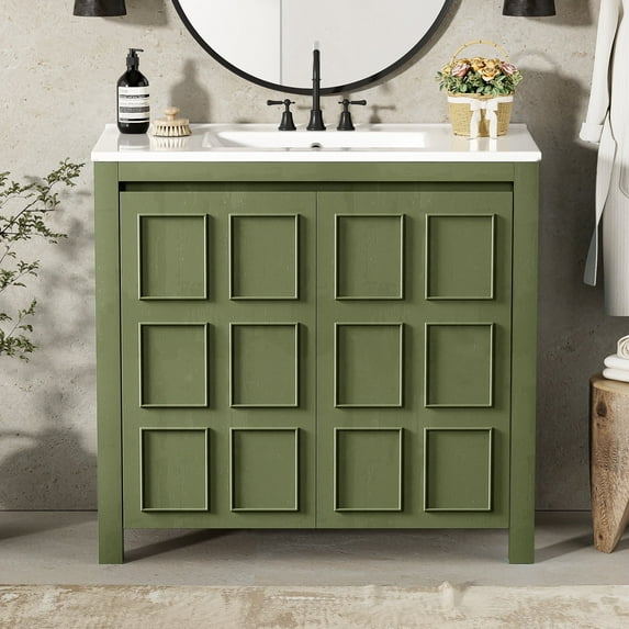 ENSHUI 36" Vintage Bathroom Vanity Combo with Ceramic Sink, 2 Soft-Close Doors, Solid Wood Cabinet, Olive Green