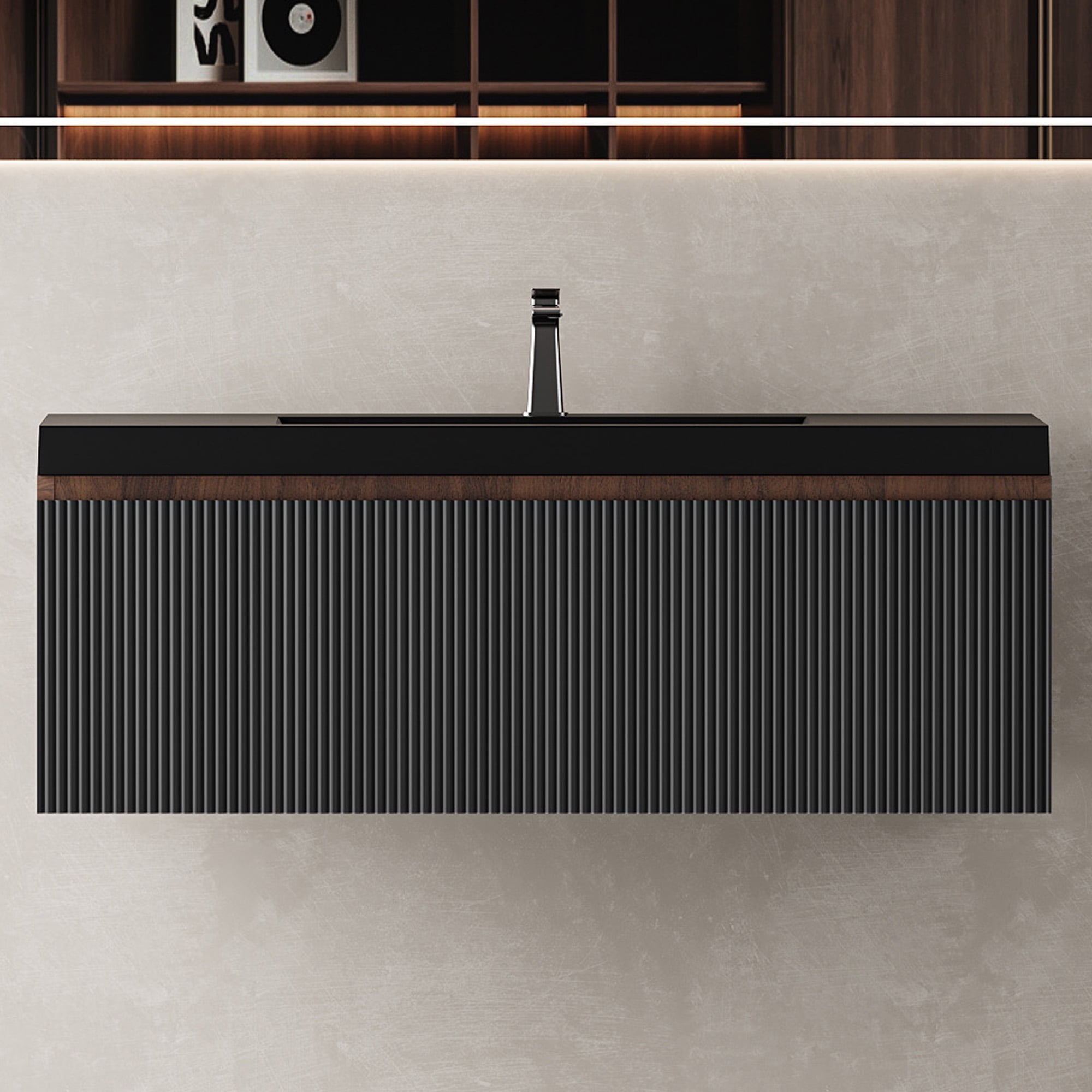 ENSHUI 42" Floating Bathroom Vanity with Sink, Modern 42 inch Wall-Mounted Bathroom Vanity with Soft-Close Drawer & Sturdy Wood Frame, Fully Assembly (Black with Engineered Quartz Sink)