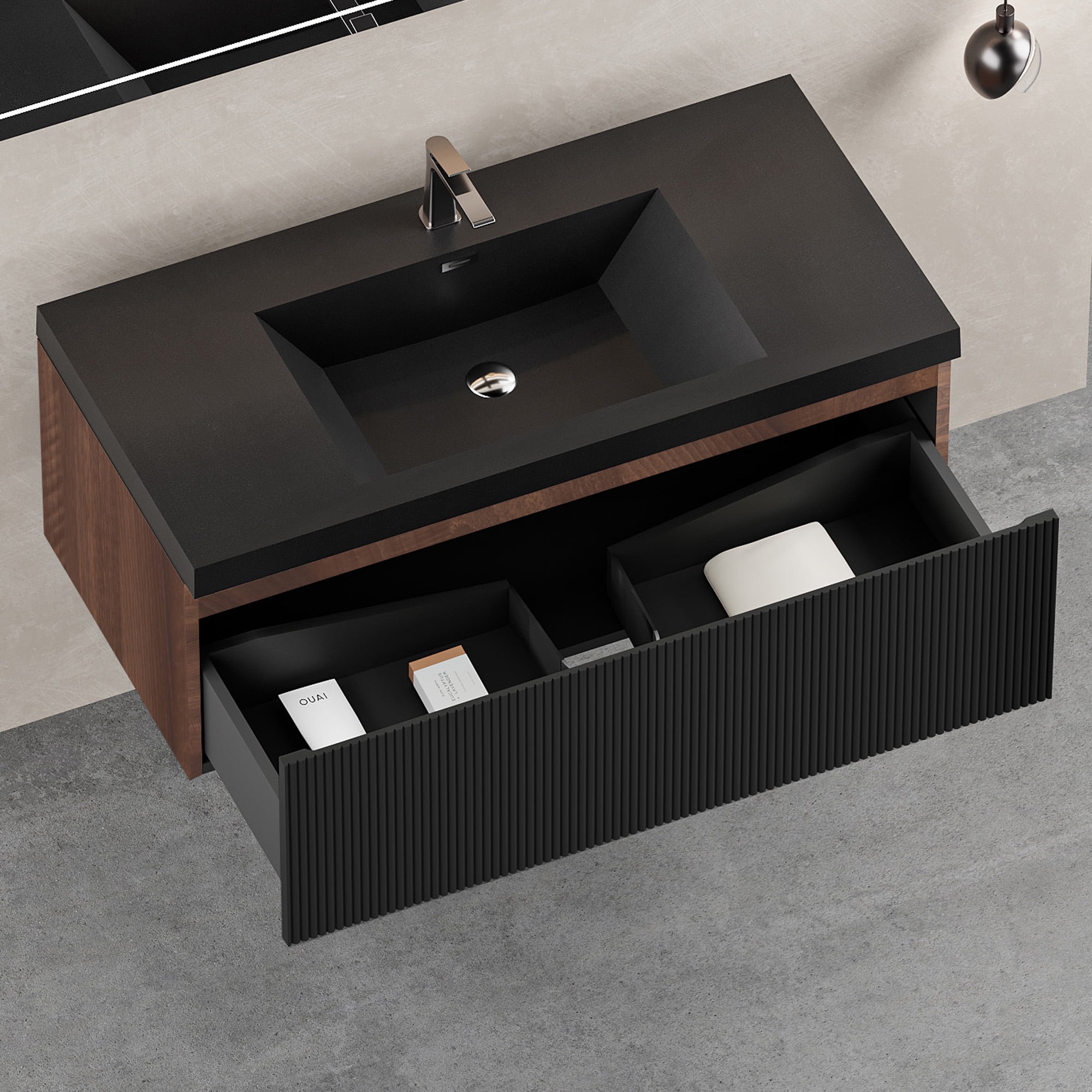 ENSHUI 42" Floating Bathroom Vanity with Sink, Modern 42 inch Wall-Mounted Bathroom Vanity with Soft-Close Drawer & Sturdy Wood Frame, Fully Assembly (Black with Engineered Quartz Sink)