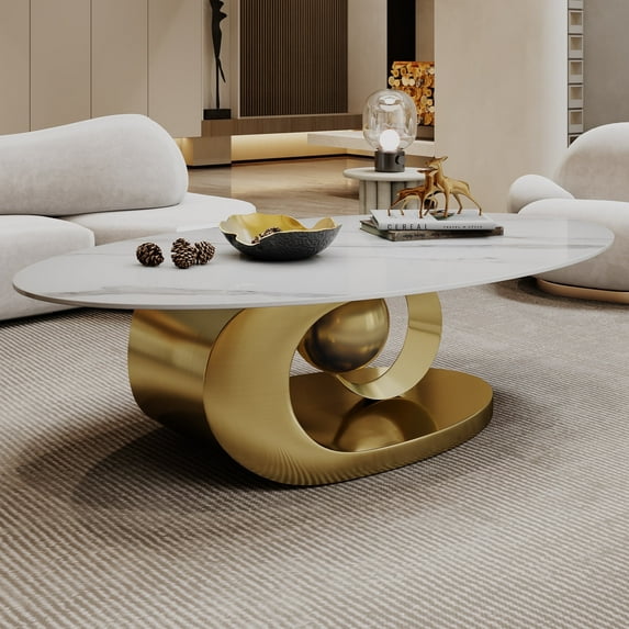 "ENSHUI Modern Oval Stone Coffee Table with Gold Metal Base, 49.2"""