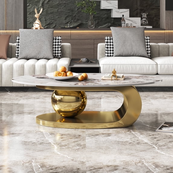 ENSHUI 49.2" Oval Marble Coffee Table with Gold Metal Base