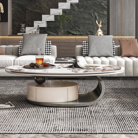 ENSHUI 55" Modern Oval Stone Coffee Table with Abstract Metal Base and Drawer, Gray