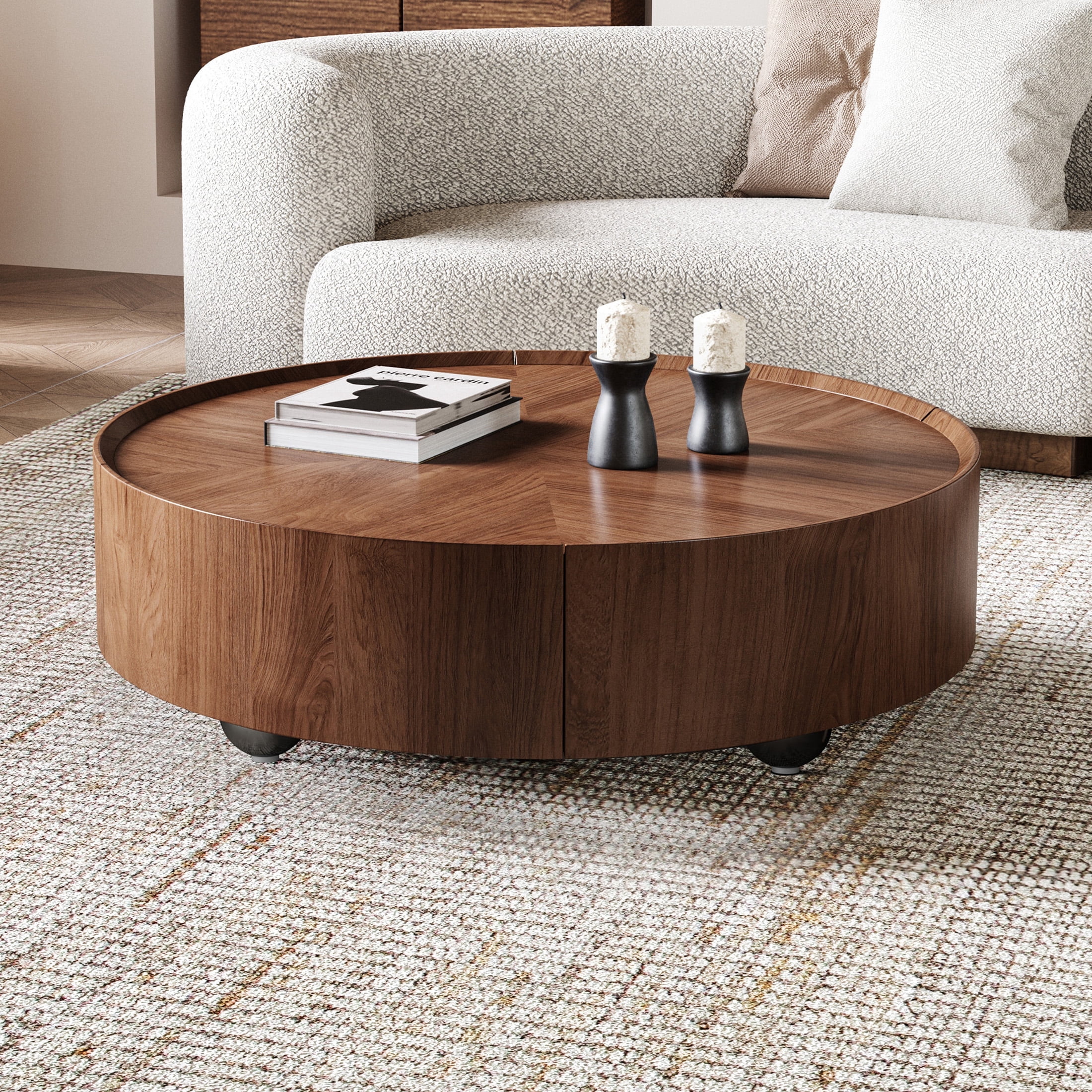 ENSHUI Mid Century Walnut Coffee Table with Storage Drawers, 31.5" Solid Wood Round Coffee Table ...