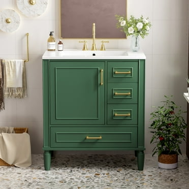 ENSHUI Traditional 30-Inch Bathroom Vanity Set, Floor Standing, with Three Drawers, Soft Close Doors, Long Gold Metal Handles