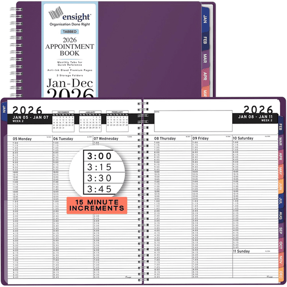 Ensight 2026 Appointment Book and Planner 8.5" x 11" Large Hourly Weekly Daily Schedule Book with Tabs, 15 Minute Time Slots, Purple Calendar Organizer Jan 2026–Dec 2026 Appointment Planner - Purple