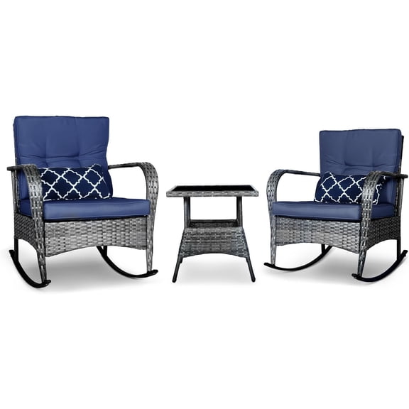 ENSTVER 3 PCS Outdoor Conversation Rocking Chair Set,Patio Bistro Set with Thickened Cushions&Table, Porch Wicker Furniture Set for Backyard