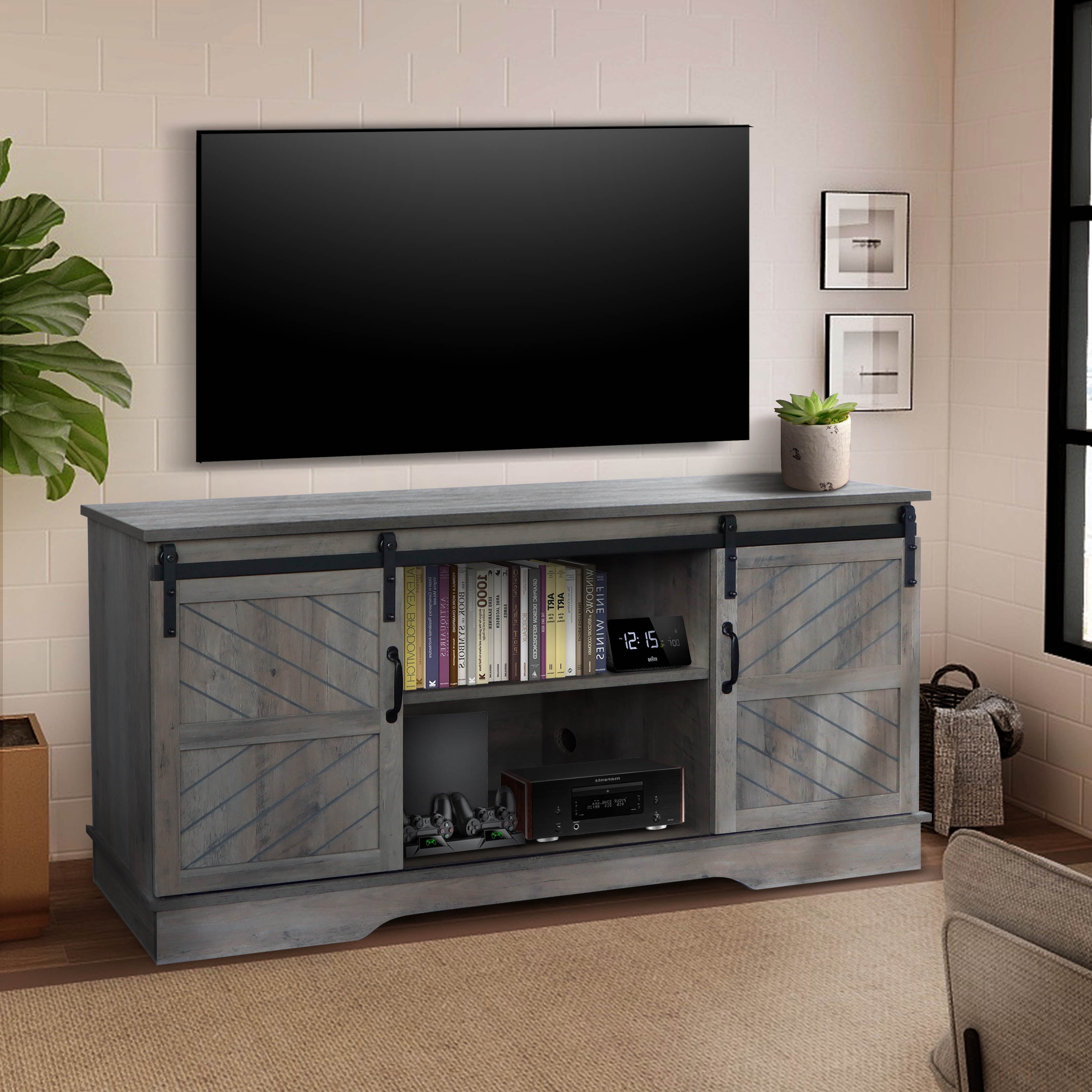ENSTVER 58 inch Modern Farmhouse Wood TV Stand with Sliding Barn Door