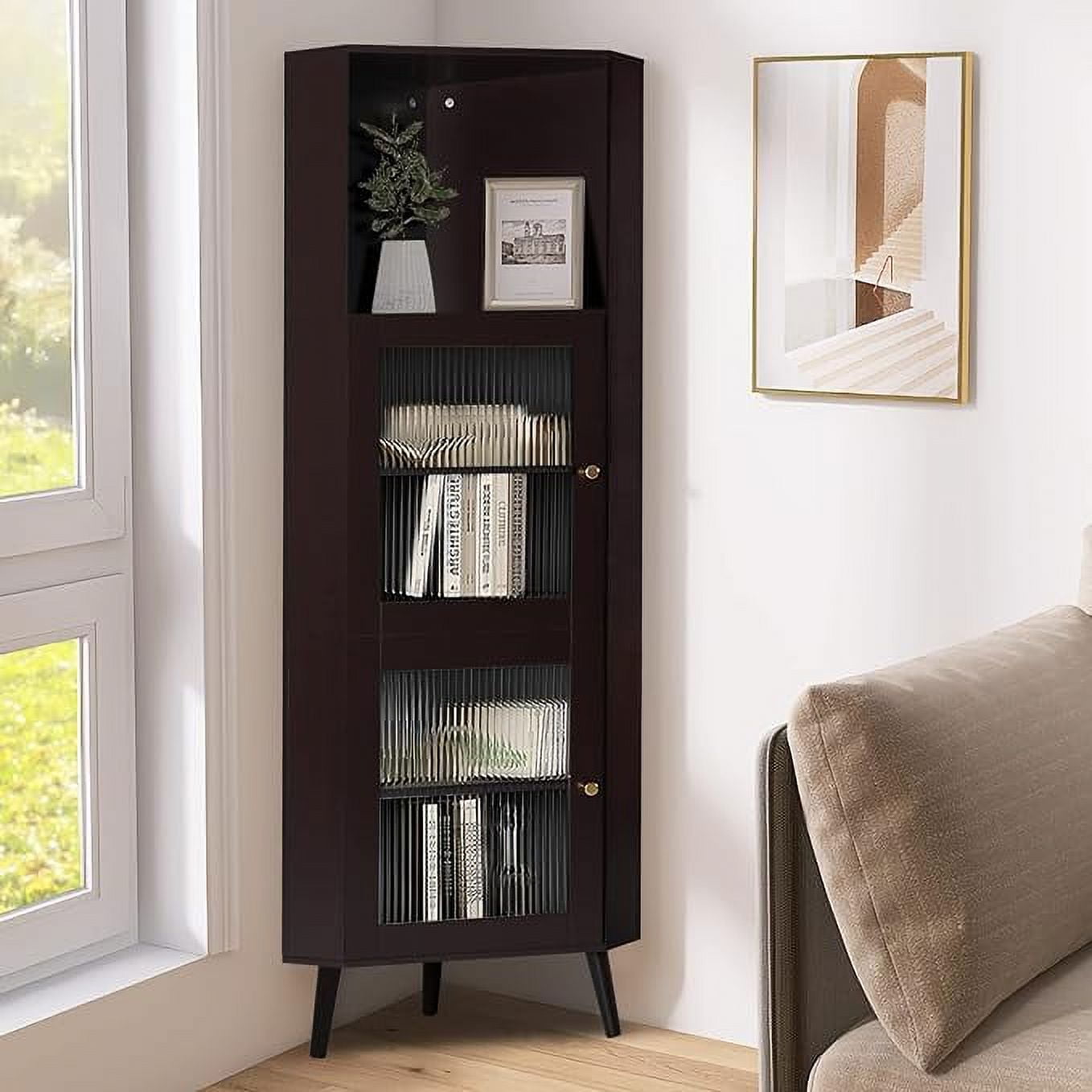 ENSTVER Tall Corner Cabinet with Glass Doors for Bathroom, Kitchen ...