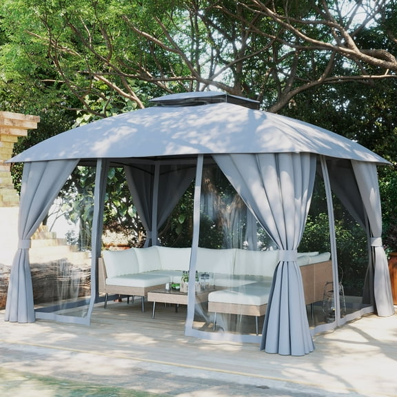 ENSTVER Gazebo 10x12 with Mosquito Netting & Privacy Screens. Double Roof Design Outdoor Gazebo with Trapezoidal Support System for Patio, Deck, Backyard, Garden & Lawns