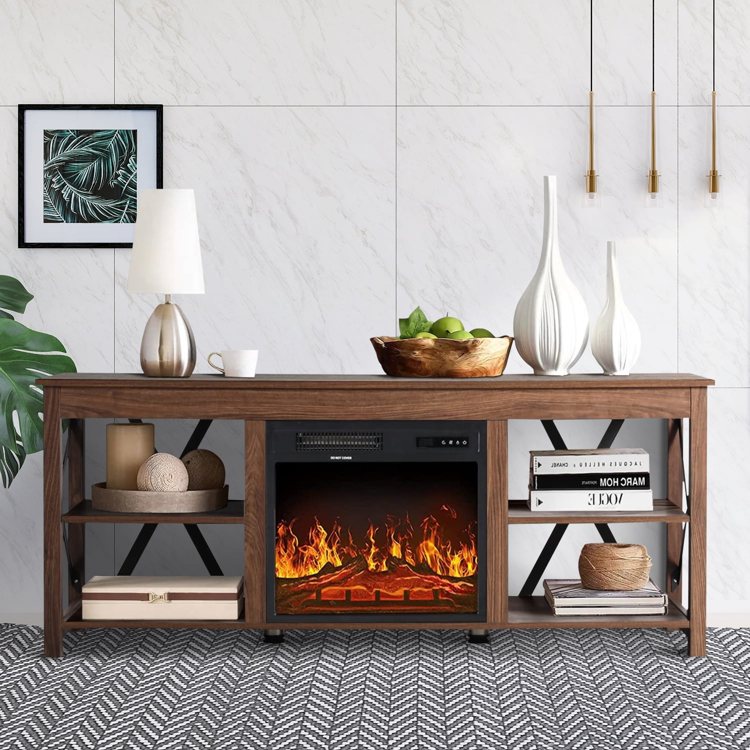 ENSTVER Industrial Farmhouse Electric Fireplace TV Stand, with Storage