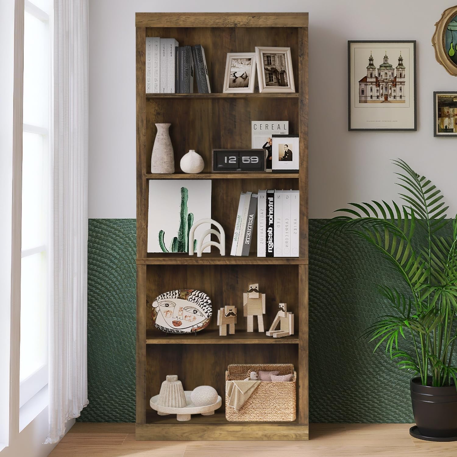 ENSTVER Wood 5Shelf Bookcase with Adjustable Shelves, Rust Brown