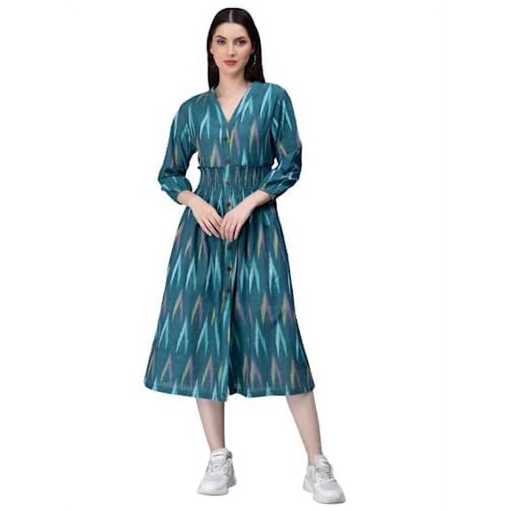 Entellus Handloom Ikkat Flared Knee Length Blue Dress V-Neck in Cotton, Women's L