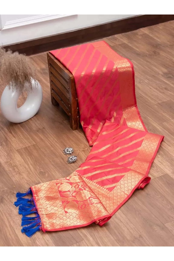 ENTELLUS | Meenakari Border and Tassels with Gold Zari Zigzag Weaving Pure Silk Saree