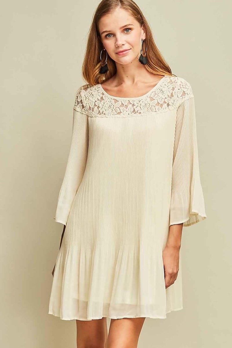 ENTRO Bell Sleeve Pleated Dress with Lace - Walmart.com