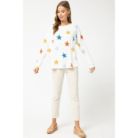 ENTRO Multi Color Star Print Long Sleeve Top Sweatshirt (Small)